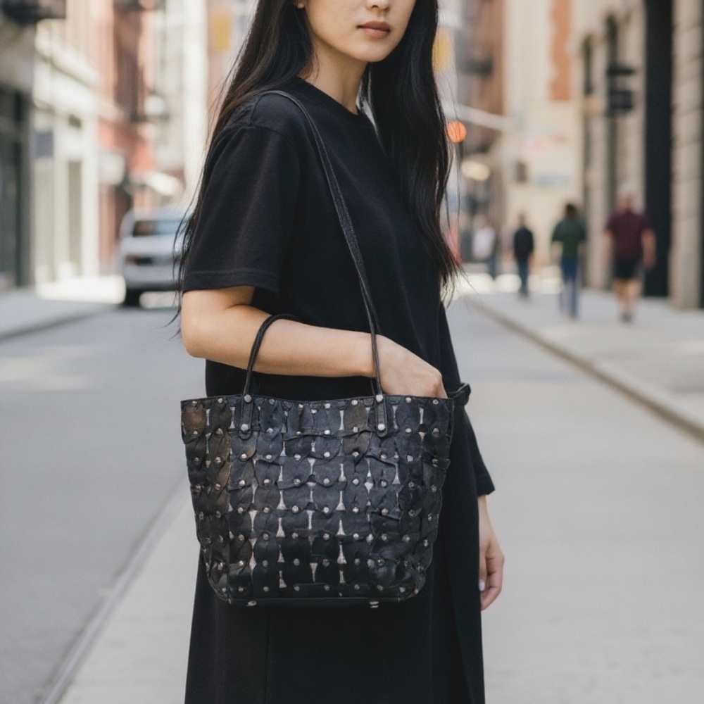 Patricia Nash Mizzana Twisted Braid Leather Tote Bag Black Studded